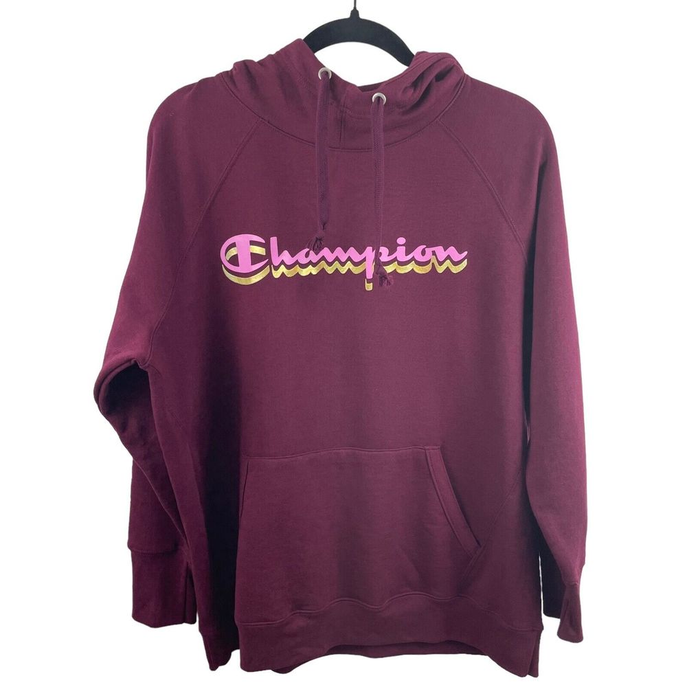 Champion Womens Fleece Hoodie Sweatshirt Red 1X Polyester Blend Kangaroo Pouch